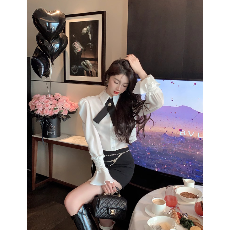 Áo sơ mi nữ phối chun tay form ngắn thời trang mix tang nơ đá KEMIE SHOP