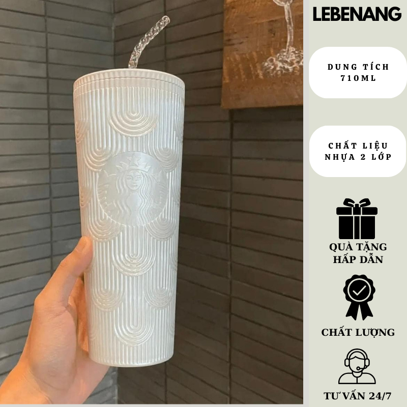 Ly Starbucks Siren Gradient 710ml, bình nước tone trắng kèm ống hút như hình Lebenang