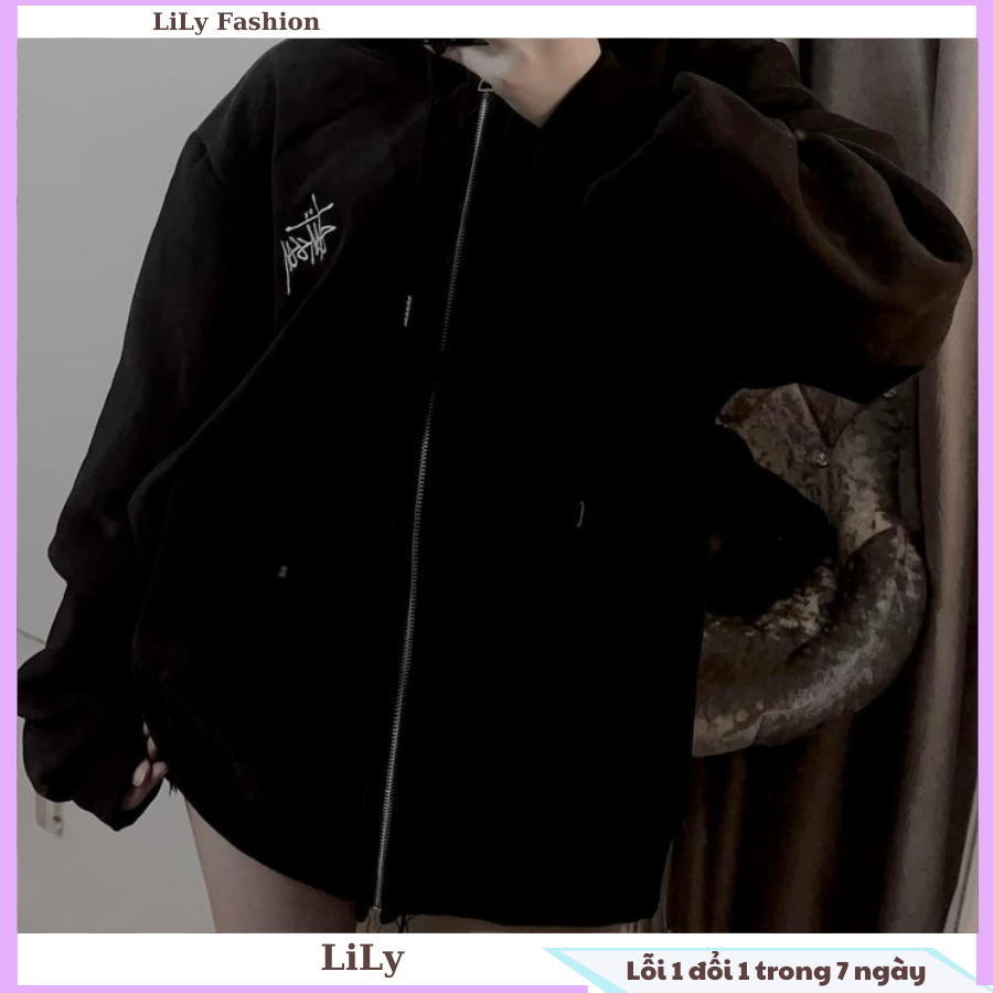 Áo khoác nỉ họa tiết chữ trước sau basic, áo hoodie zip có khóa kéo kèm dây rút mũ form rộng Unisex thời trang tuổi teen