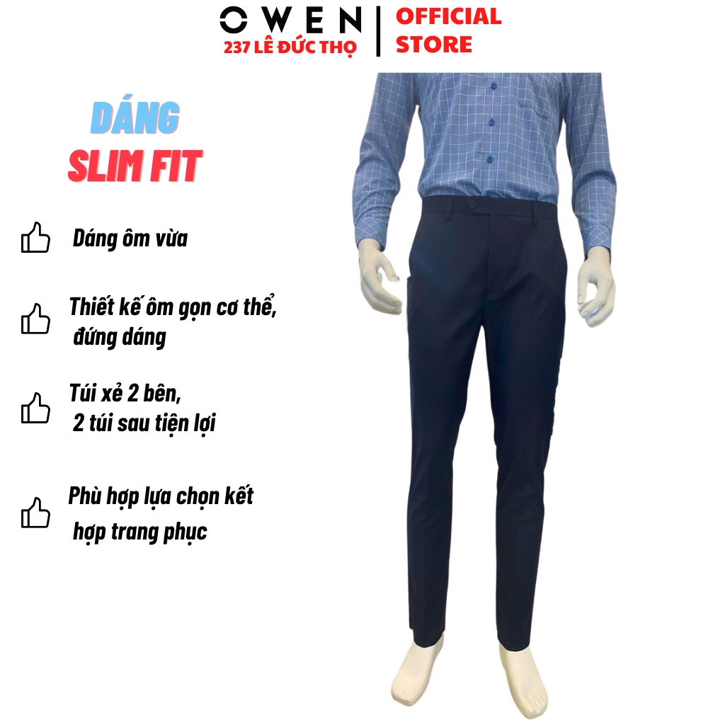 Quần âu tây nam công sở OWEN QS231741 dáng slim fit ống ôm màu navy trơn vải polyester mềm mát cao cấp