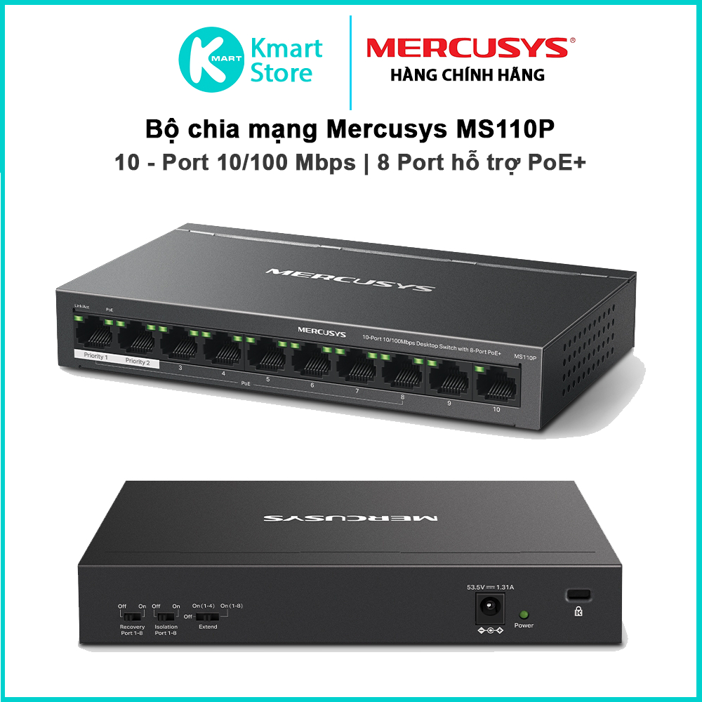 Bộ chia mạng Mercusys MS110P | 10 port 10/100Mbps với 8 port PoE+ | Vỏ kim loại bền bỉ - Hàng Chính 