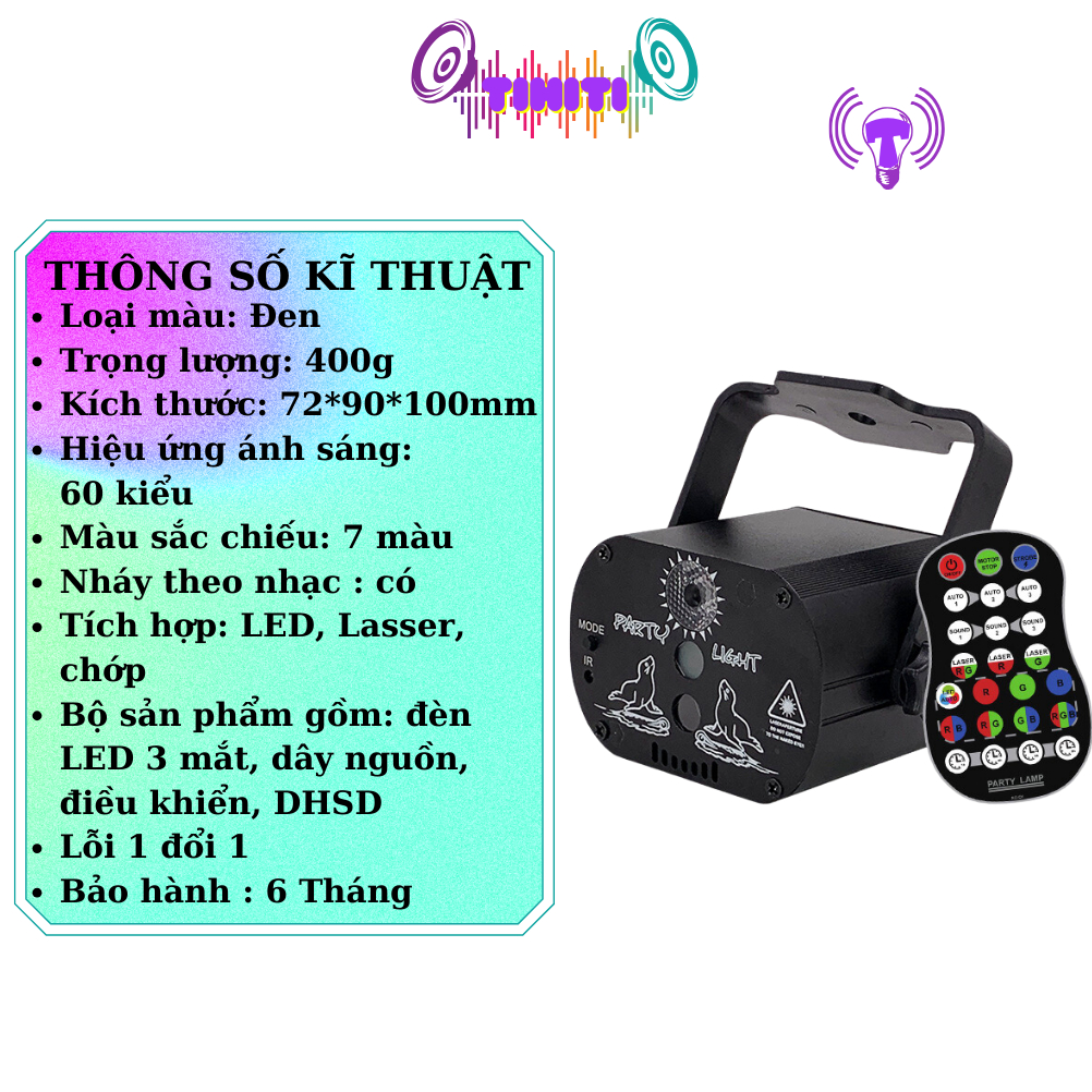 Đèn LED sân khấu 3 mắt chiếu lasser nháy theo nhạc điều khiển từ xa bảo hành 6 tháng