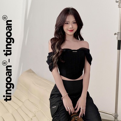 TINGOAN® - Áo corset phối tay lưới đính logo TINGOAN® đen ANGEL BABY TOP/BL PHIÊN BẢN T6.2026