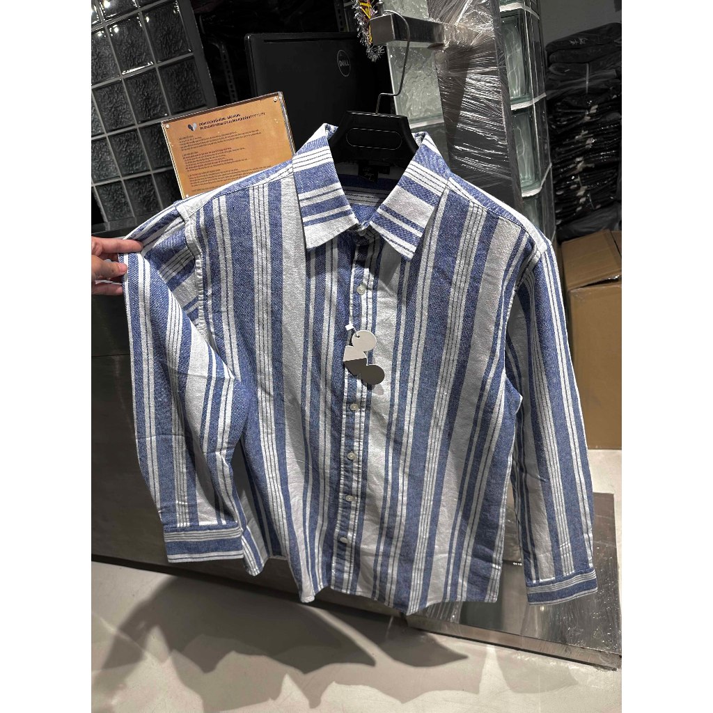 ÁO SƠ MI Linen sọc Logo CHUOT TRANG
