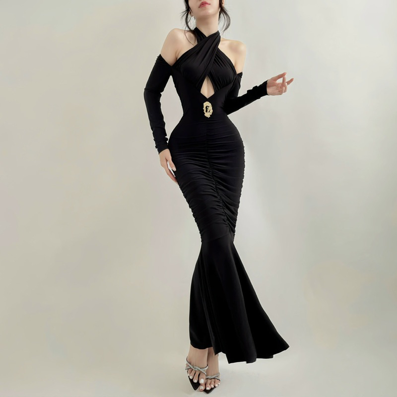 Đầm Maxi Chéo Ngực Dáng Đuôi Cá Nhún Thân Sexy Dự Tiệc Sang Trọng