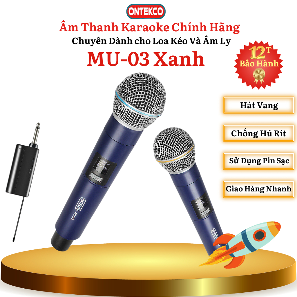 Bộ Micro Karaoke Không dây ONTEKCO MU03 Cao cấp, hiện thị tần số, Chuyên dụng cho mọi Loa kéo, Amply