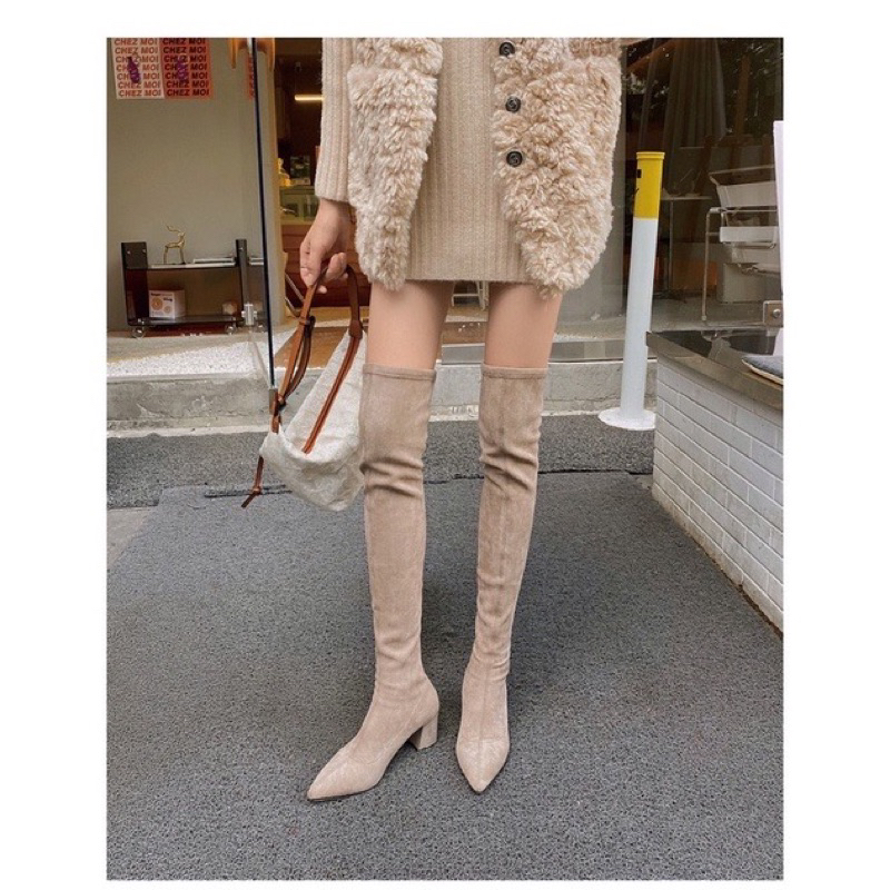 Bốt đùi nữ da lộn ôm chân lót lông gót vuông cao 7cm có khoá kéo