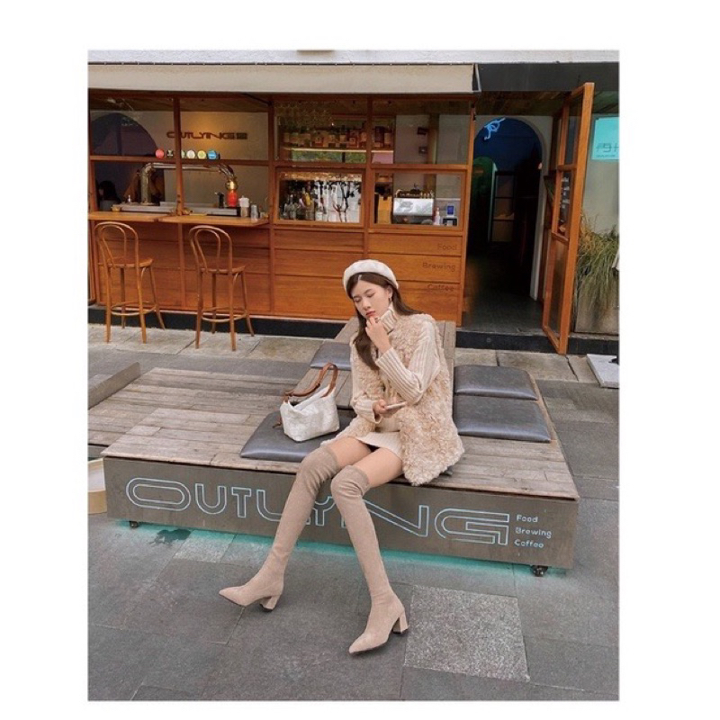 Bốt đùi nữ da lộn ôm chân lót lông gót vuông cao 7cm có khoá kéo