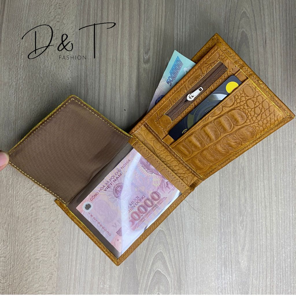 Ví Nam - Bóp Nam Da Bò Vân Cá Sấu Cao Cấp Dáng Ngang Nhỏ Gọn Lớp Da Ngoài Ép Mịn DT22