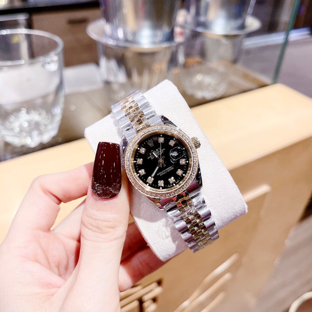 Combo đồng hồ đôi dây kim loại đeo tay chống nước cao cấp thời trang sang trọng R0lex vỏ vàng nam 40mm nữ size 36mm 32mm