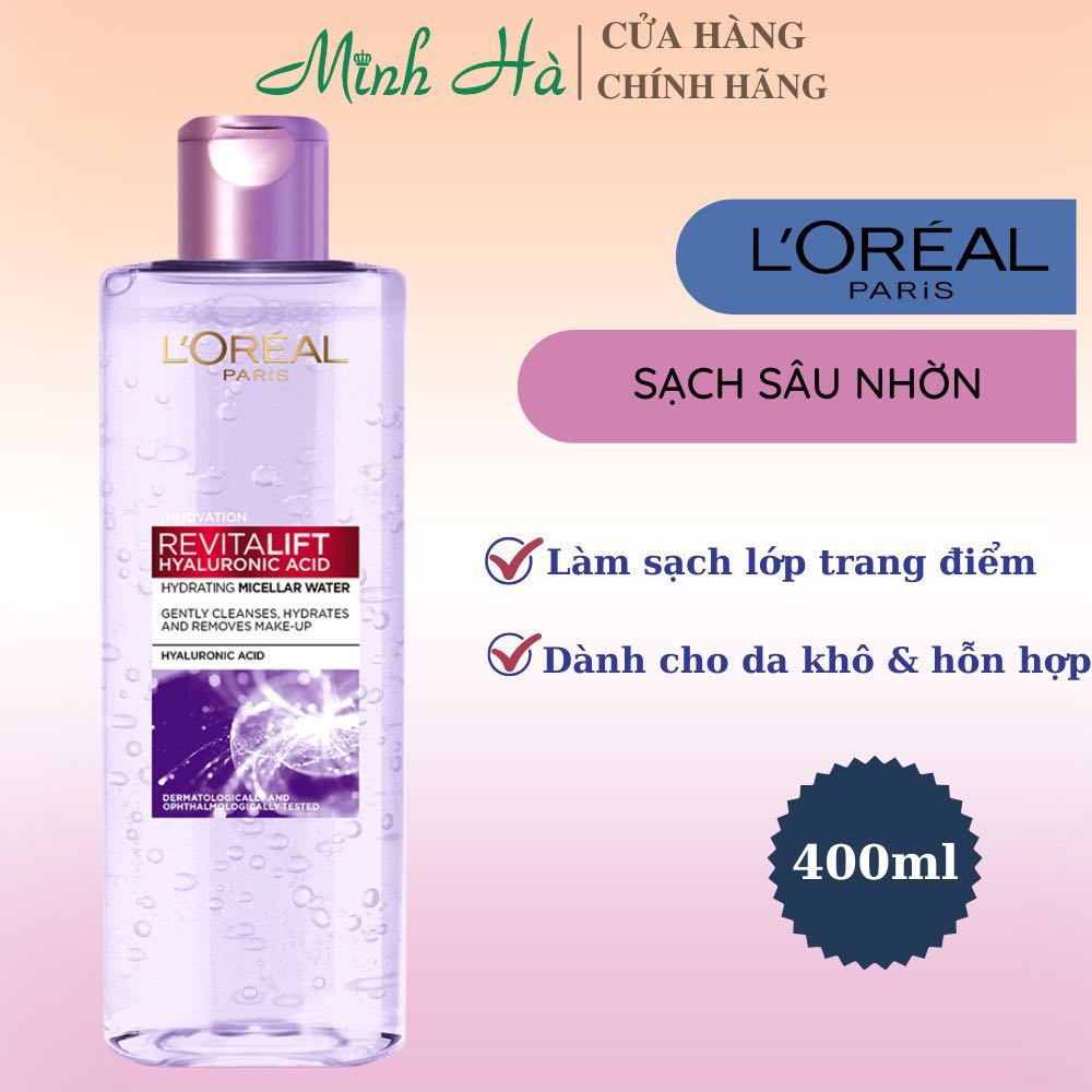 Nước Tẩy Trang LOREAL tím 400ml, dành cho da dầu mụn, da khô, da nhạy cảm