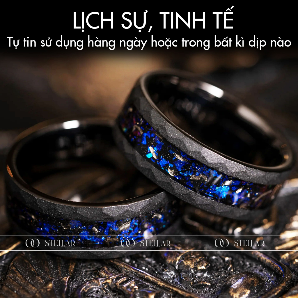 Nhẫn Nam Vonfram Stellar "The Kryptonite Blue" Đá Thiên Thạch Xanh - Cao Cấp Lịch Sự Không Gỉ - Bền Gấp 3 Nhẫn Titan
