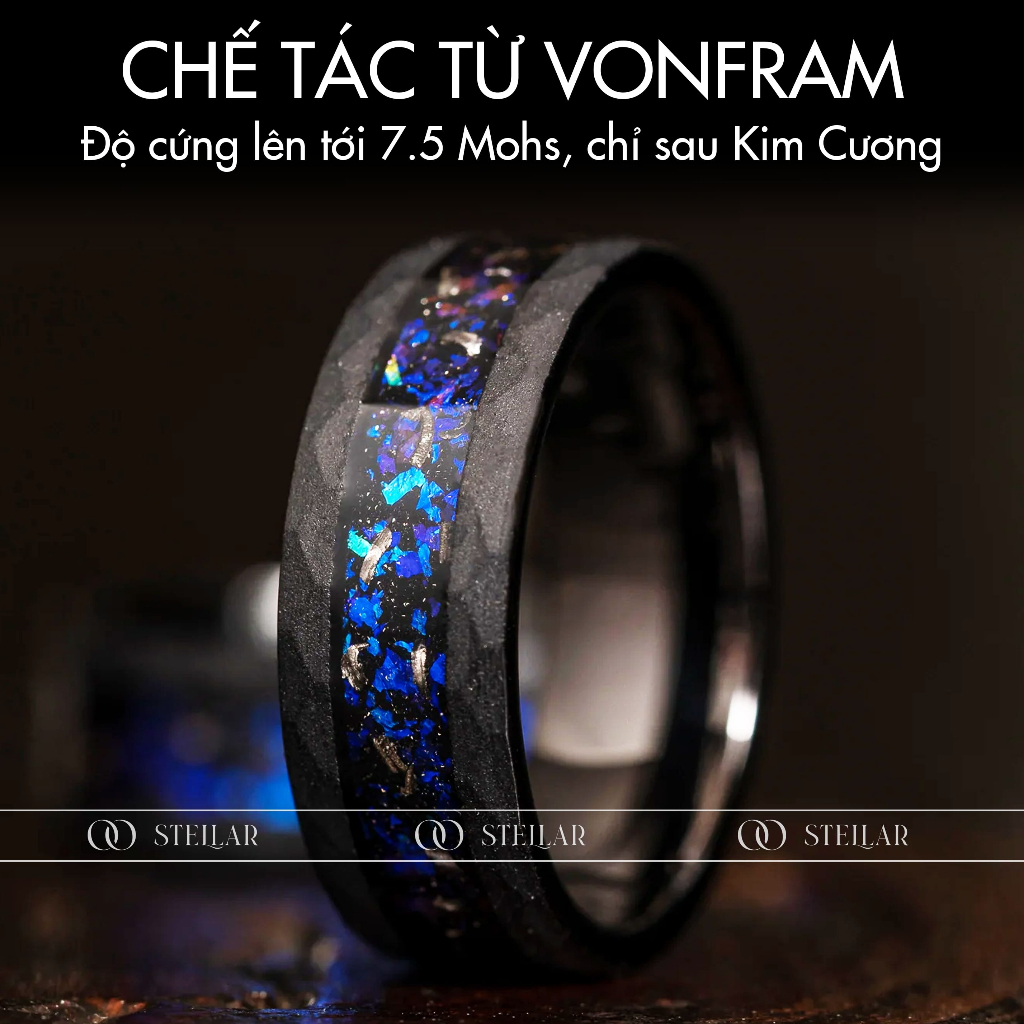Nhẫn Nam Vonfram Stellar "The Kryptonite Blue" Đá Thiên Thạch Xanh - Cao Cấp Lịch Sự Không Gỉ - Bền Gấp 3 Nhẫn Titan