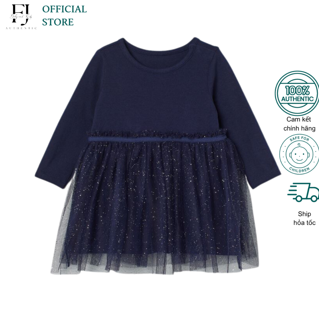 Đầm dài tay thu đông bé gái HM váy thun ren xanh than chất liệu cotton chính hãng cho bé 4 tháng đến 24 tháng tuổi