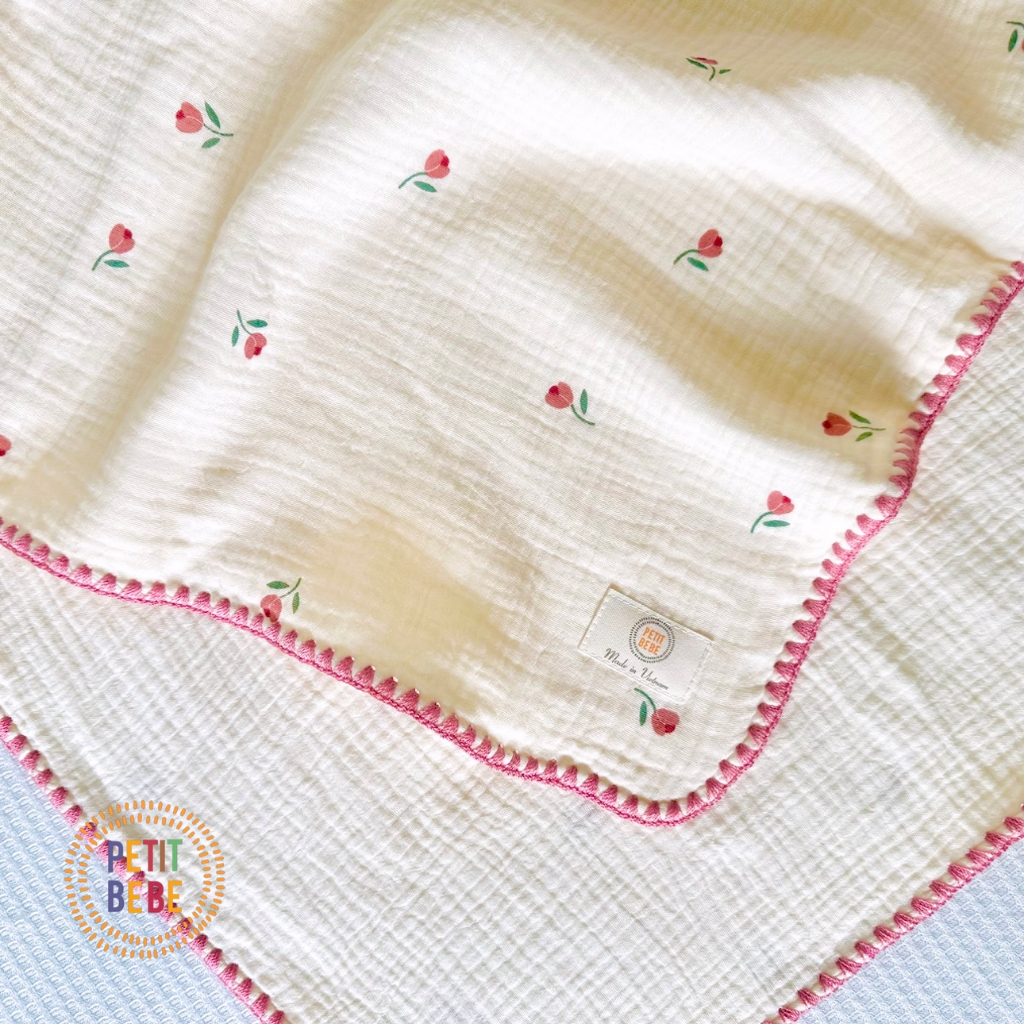 Chăn đa năng viền thủ công cho bé PETIT BEBE muslin thấm hút thoáng khí họa tiết thiên nhiên