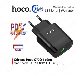 Củ sạc nhanh Hoco C72Q 1 cổng USB sạc nhanh 3A, PD 18W, hỗ trợ sạc cho với nhiều thiết bị điện thoại, table... H2N SHOP
