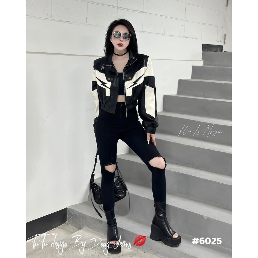 ÁO KHOÁC DA PHỐI ĐEN TRẮNG TIA SET