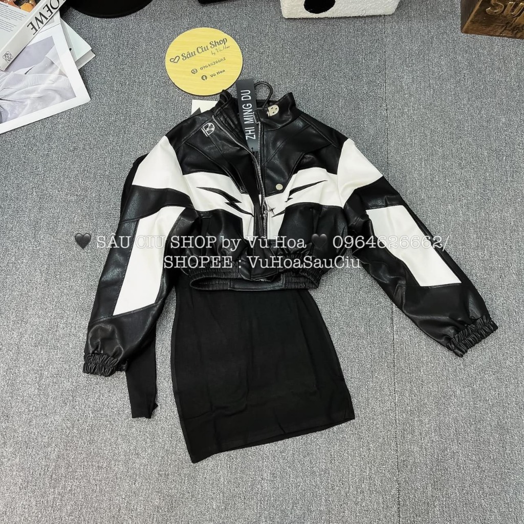 ÁO KHOÁC DA PHỐI ĐEN TRẮNG TIA SET