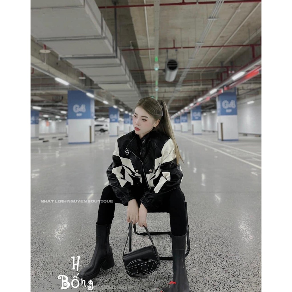 ÁO KHOÁC DA PHỐI ĐEN TRẮNG TIA SET