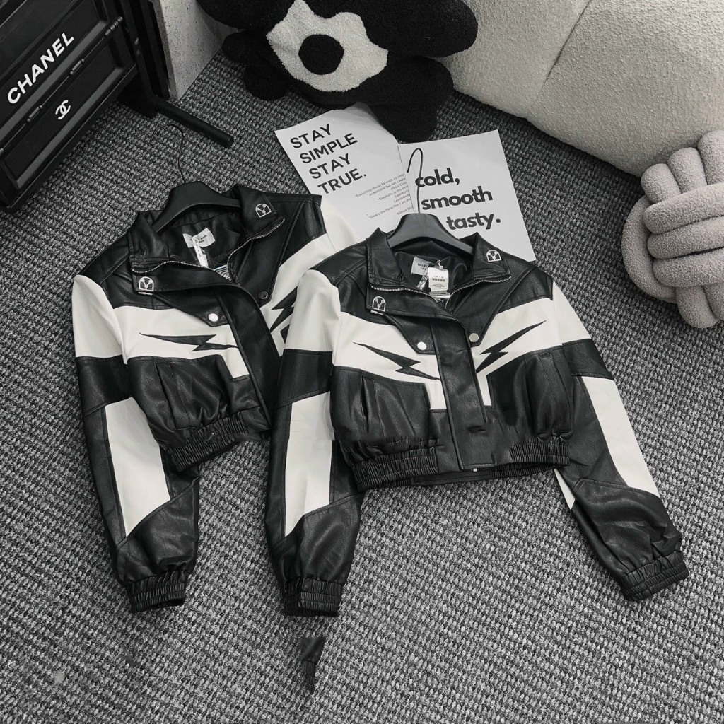 ÁO KHOÁC DA PHỐI ĐEN TRẮNG TIA SET