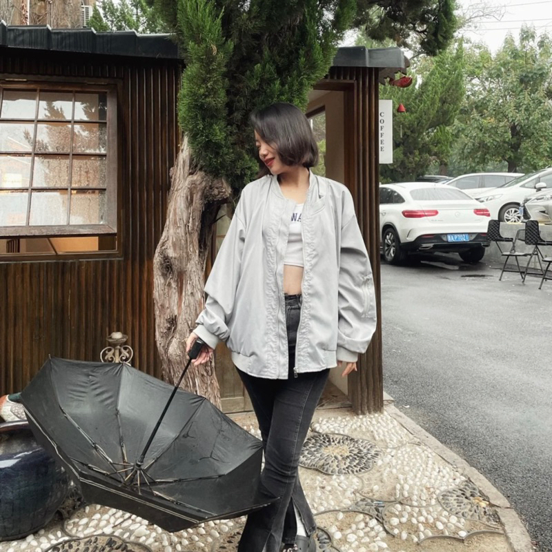 Áo Khoác Bomber Dù Zip Tay Màu Xám Bạc