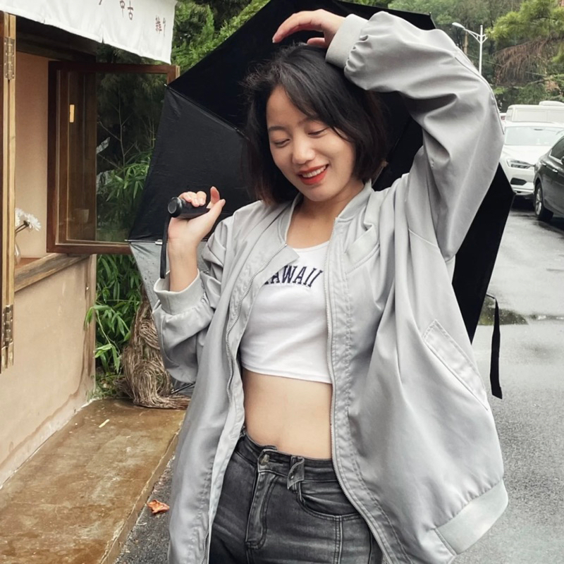 Áo Khoác Bomber Dù Zip Tay Màu Xám Bạc