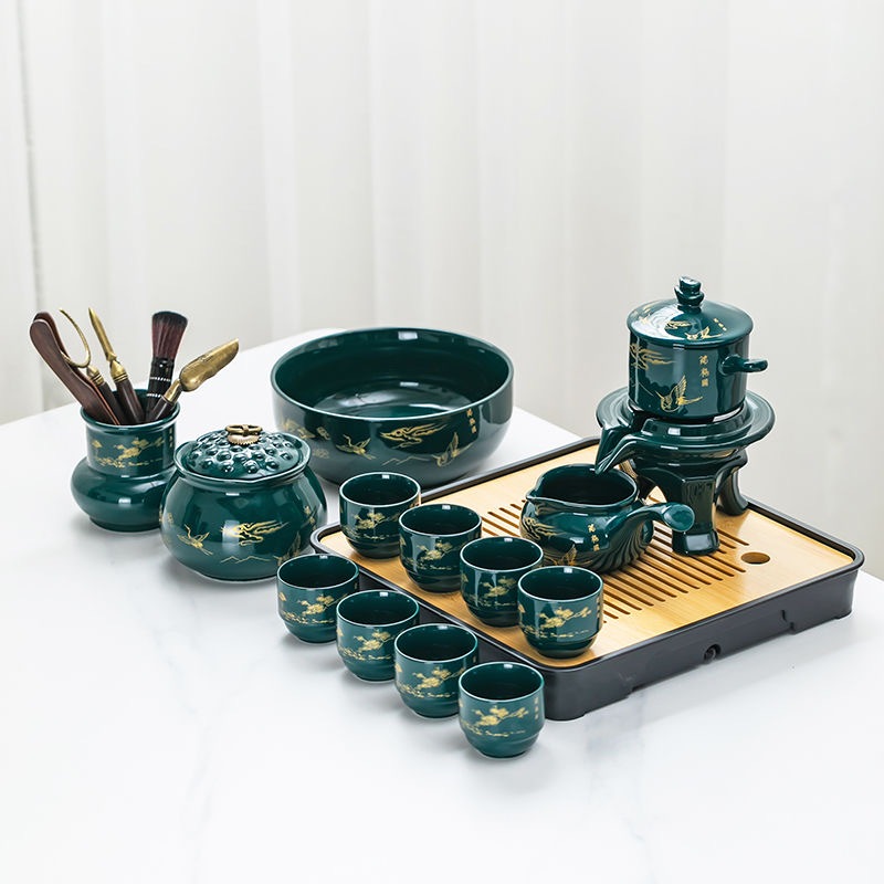 Bộ Ấm Chén Pha Trà Cối Xay Hoa Văn Xanh Vàng Đen Bóng(không bao gồm Hộp Quà+ túi xách)