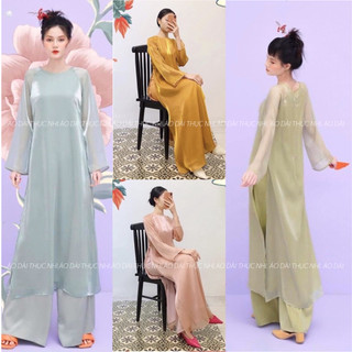 Áo dài cách tân voan tơ 4 tà dáng suông, áo dài cách tân Tết tay loe rộng, áo dài cách tân du xuân