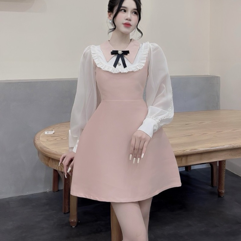 Váy Tapta Cổ Bẻ Bèo Tay Tơ Trắng