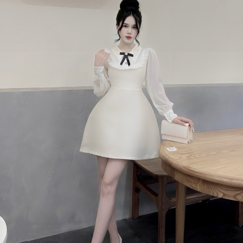 Váy Tapta Cổ Bẻ Bèo Tay Tơ Trắng