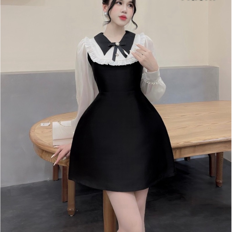 Váy Tapta Cổ Bẻ Bèo Tay Tơ Trắng