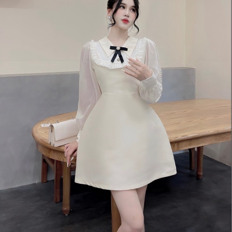 Váy Tapta Cổ Bẻ Bèo Tay Tơ Trắng