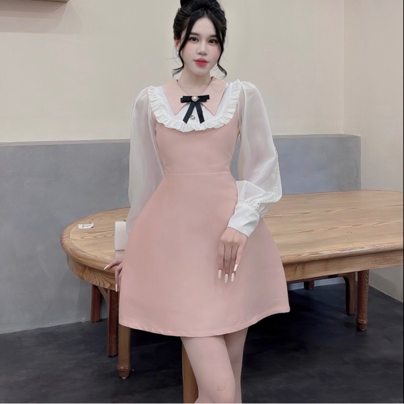 Váy Tapta Cổ Bẻ Bèo Tay Tơ Trắng