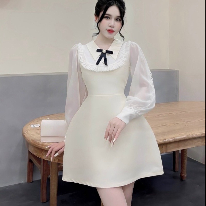 Váy Tapta Cổ Bẻ Bèo Tay Tơ Trắng