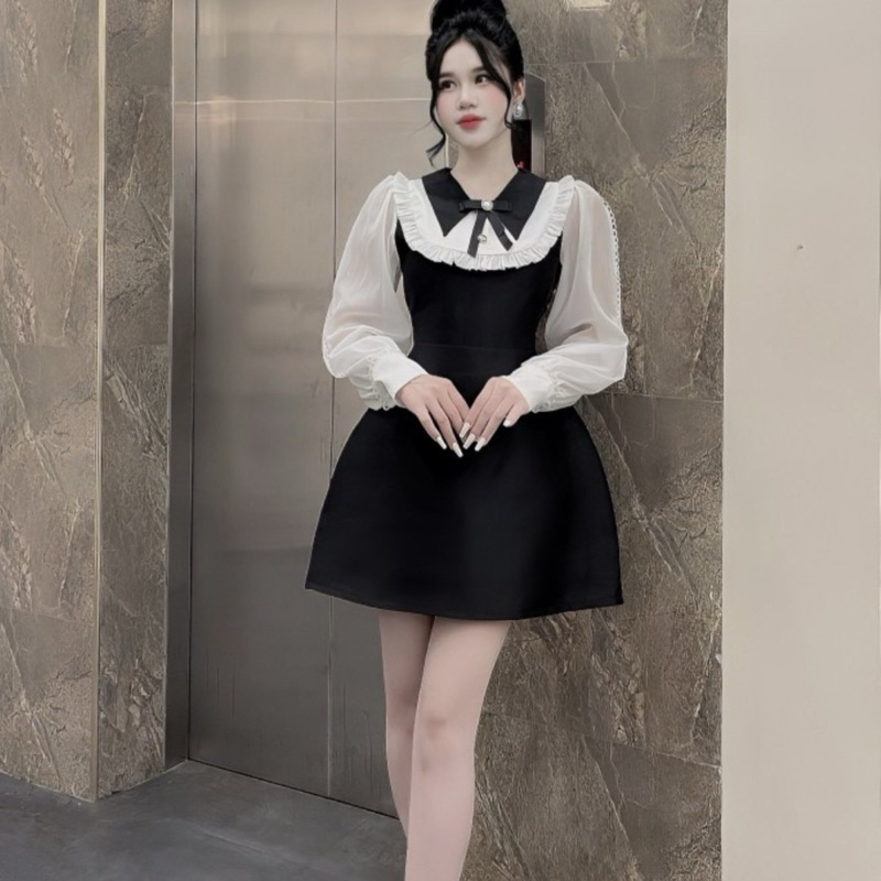 Váy Tapta Cổ Bẻ Bèo Tay Tơ Trắng