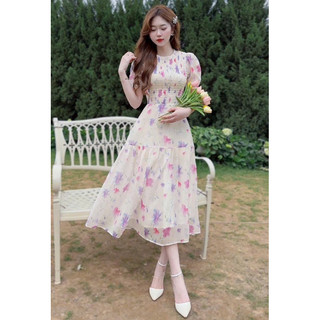 Đầm váy xoè thời trang nữ mặc đi chơi chất vải voan hoa có lót mocking trên hàng chuẩn shop,