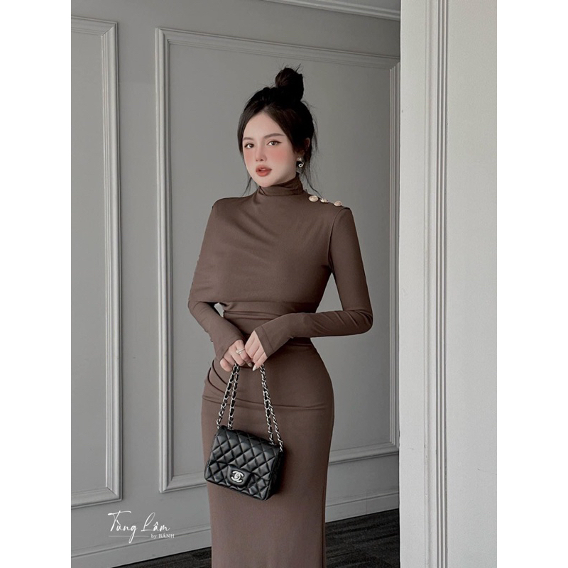 Váy body tay dài basic, đính cúc vai siêu siêu sang 2 màu