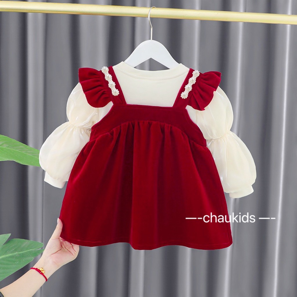 Sét Váy Cho Bé Gái 2 Chi Tiết Vải Nhung Cứng Phối Len Tăm Xịn Xò Từ 8kg Đến 18kg