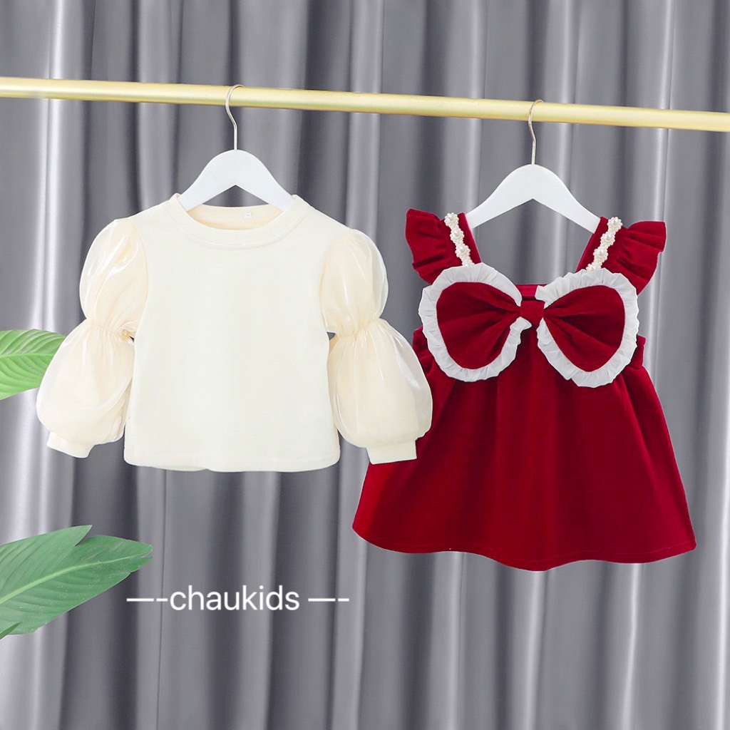 Sét Váy Cho Bé Gái 2 Chi Tiết Vải Nhung Cứng Phối Len Tăm Xịn Xò Từ 8kg Đến 18kg