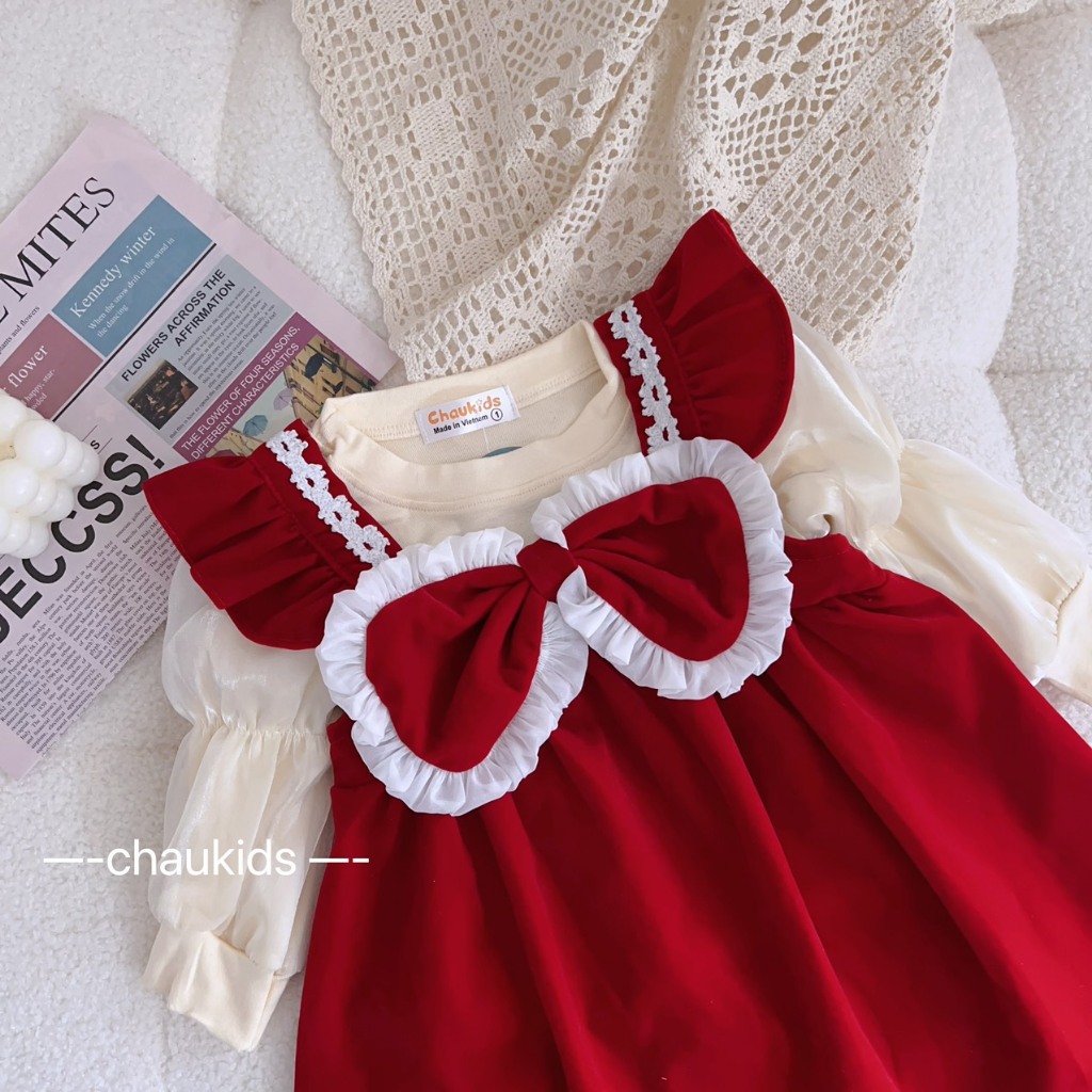 Sét Váy Cho Bé Gái 2 Chi Tiết Vải Nhung Cứng Phối Len Tăm Xịn Xò Từ 8kg Đến 18kg