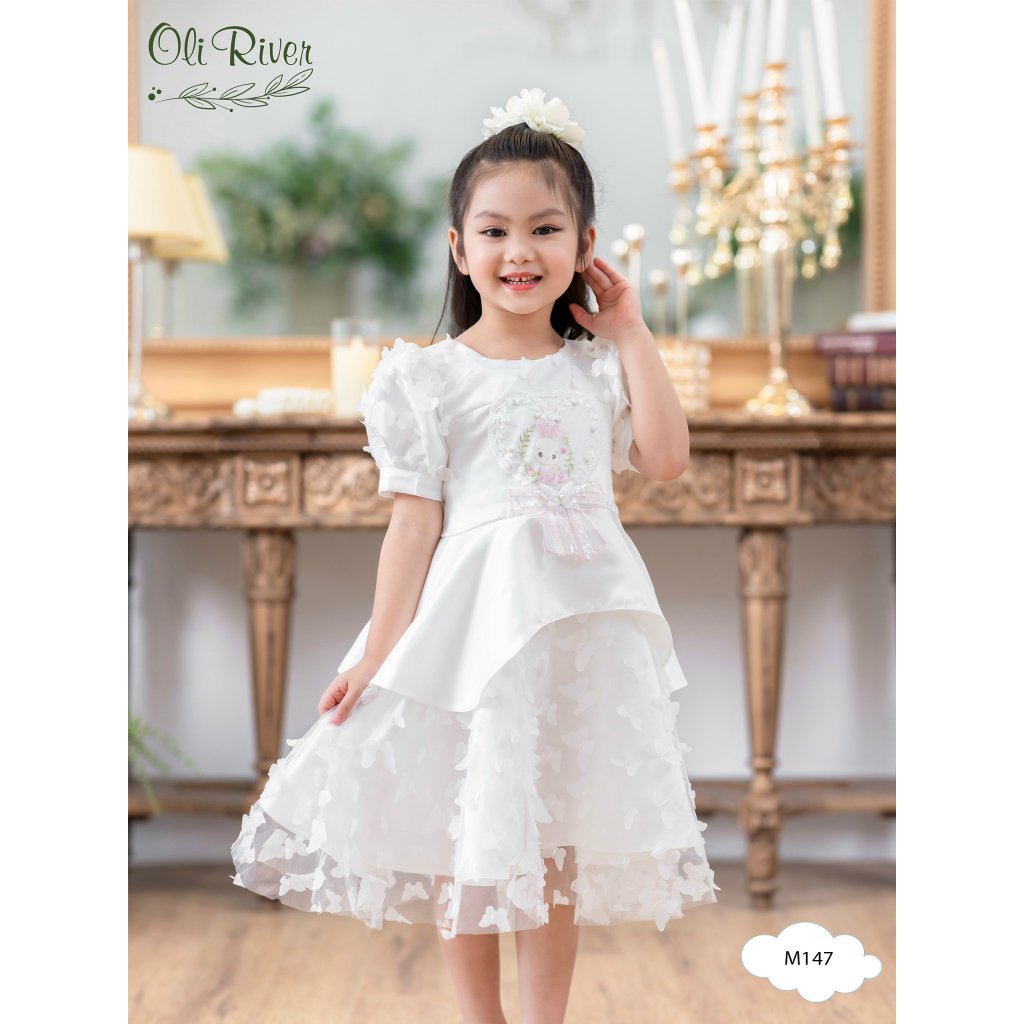 014293 Đầm công chúa trắng, đầm công chúa thêu hình cho bé