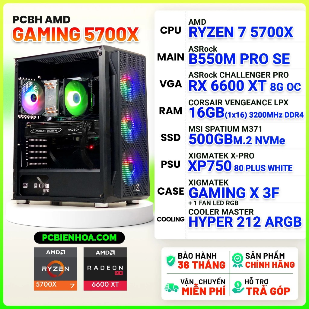 PCBH AMD GAMING 5700X ( RYZEN 5 5700X / B550M / RX6600XT 8GB / 16GB / 500GB )