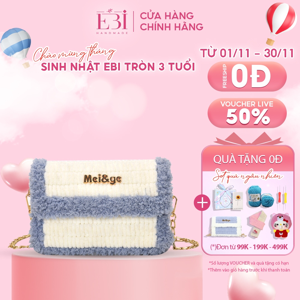 Túi tự đan EBI HANDMADE viền xù màu be mác Mei&ge bằng len phối màu sành điệu, nguyên set phụ kiện - ES54
