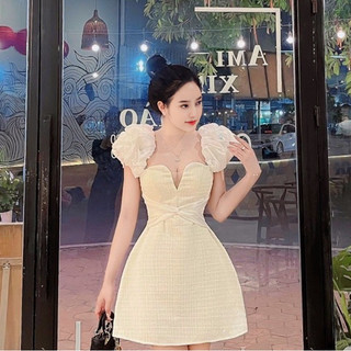 Váy Dạ Cổ Xẻ Lưới Xoắn Eo