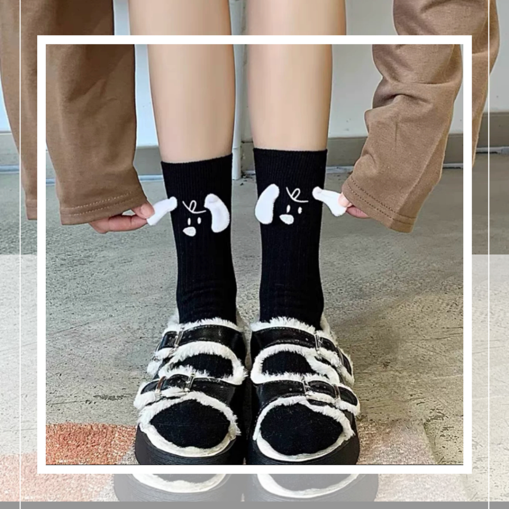 VỚ TẤT HÌNH CHÚ CHÓ TAI BÔNG 3D CỔ CAO TRUNG TRẮNG ĐEN