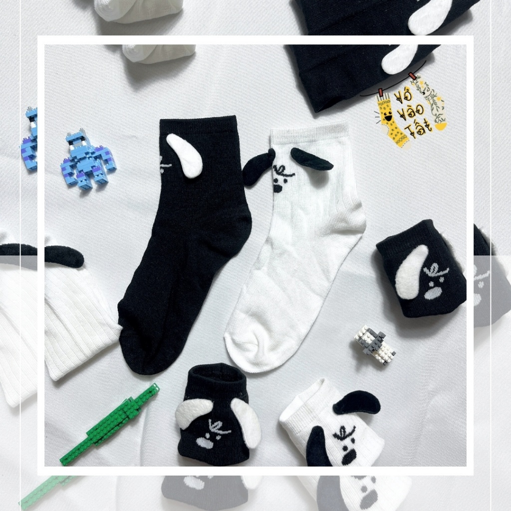 VỚ TẤT HÌNH CHÚ CHÓ TAI BÔNG 3D CỔ CAO TRUNG TRẮNG ĐEN