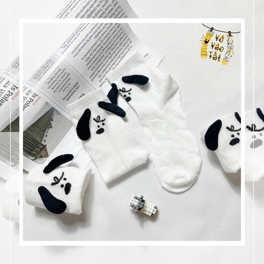 VỚ TẤT HÌNH CHÚ CHÓ TAI BÔNG 3D CỔ CAO TRUNG TRẮNG ĐEN