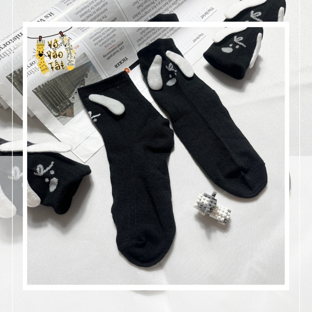 VỚ TẤT HÌNH CHÚ CHÓ TAI BÔNG 3D CỔ CAO TRUNG TRẮNG ĐEN