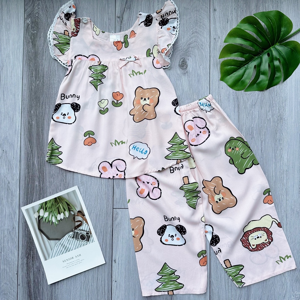 10kg - 68 kg Đồ bộ mẹ và bé tole áo cánh tiên quần dài tay ngắn thiết kế bé gái mặc nhà hình gấu dâu hoa thỏ dễ thương