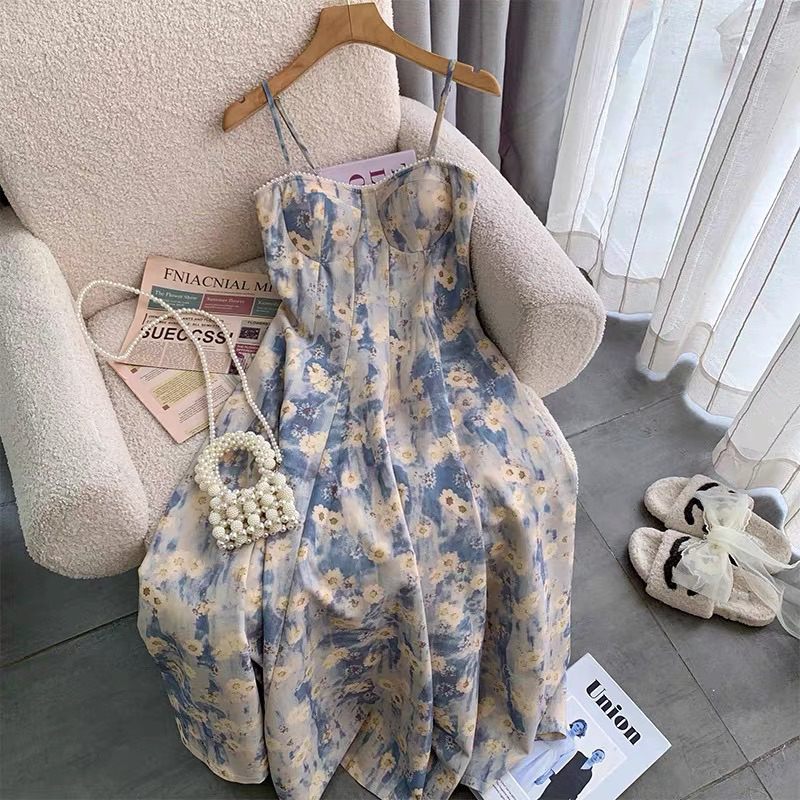 Váy Đầm Nữ Maxi Hai Dây Hoa Nhí Dáng Dài Xoè Đi Biển Đi Du Lịch, Đầm Nữ Dáng Xoè Dài Qua Gối